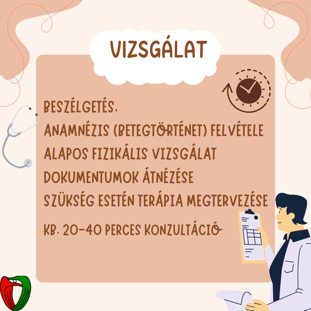 Az orvosi konzult�ci� r�vid (20-40 perc), besz�lget�s �s dokumentum megtekint�s mellett orvosi vizsg�lat is t�rt�nik.