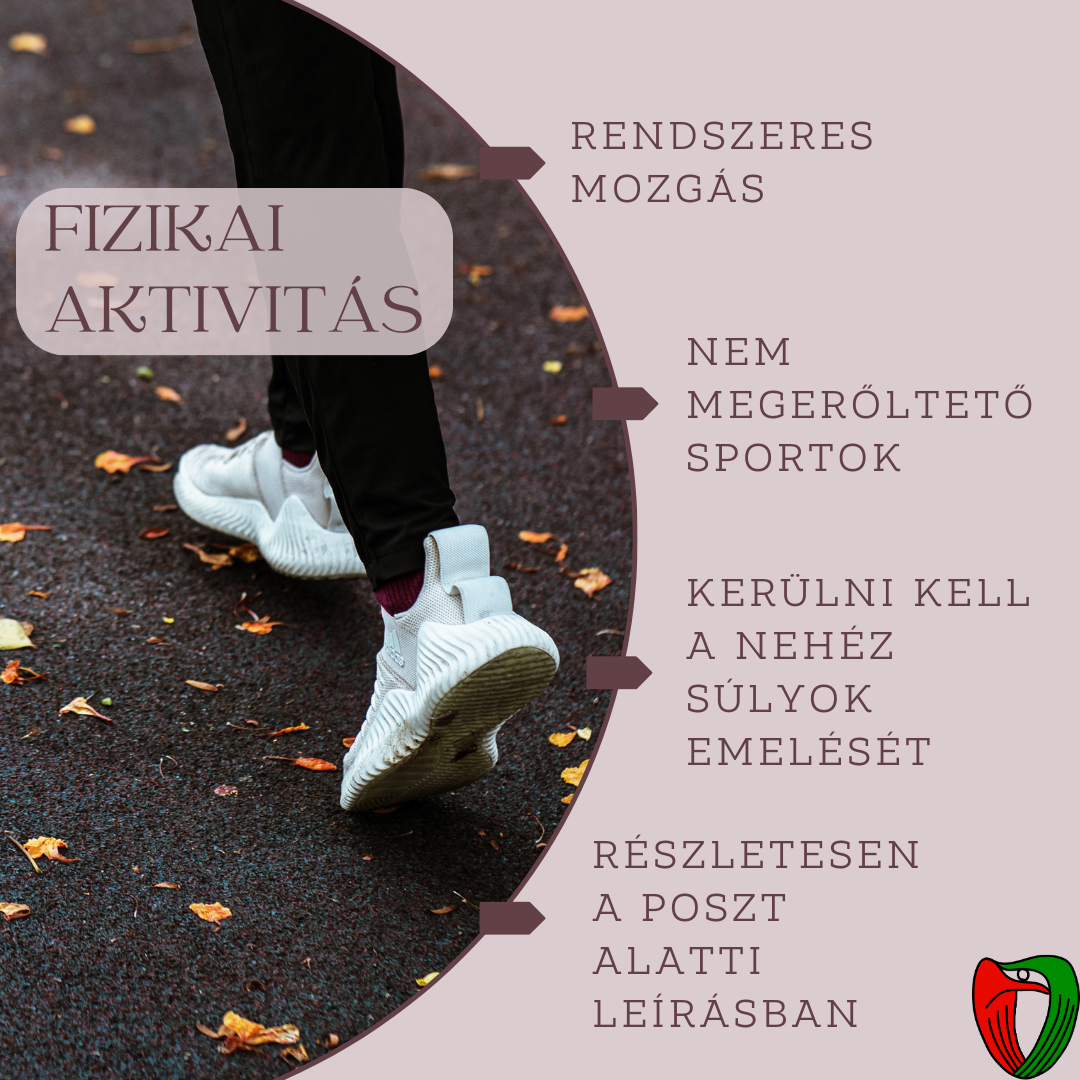 Elengedhetetlen az egy�nre szabott fizikai aktivit�s. Ez jelenthet: bicikli 30 perc/nap, gimnasztika/torna 4x60 perc/h�t, fitness edz�s 3x60 perc/h�t, 