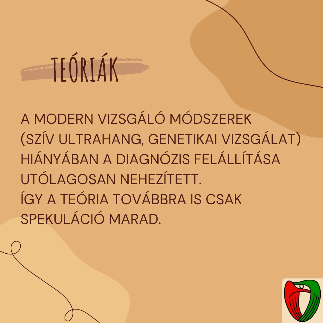 A megfelel� vizsg�lati m�dszerek (sz�v ultrahang, genetikai vizsg�lat) hi�ny�ban a diagn�zis fel�ll�t�sa ut�lagosan nagyon neh�z, �gy ez a te�ria tov�bbra is csak spekul�ci� marad.