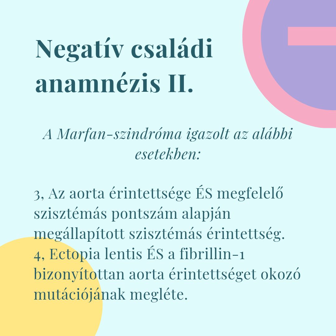 Negat�v csal�di anamn�zis eset�n a Marfan-szindr�ma igazolt az al�bbi esetekben is:
(3) Aorta �rintetts�g �S megfelel� sziszt�m�s pontsz�m alapj�n meg�llap�tott sziszt�m�s �rintetts�g.
(4) Ectopia lentis �S a fibrillin-1 bizony�tottan aorta �rintetts�get okoz� mut�ci�j�nak megl�te.
